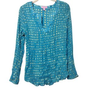 Lilly Pulitzer Colby Crinkle Silk Clip Dot Blue Gold Metallic Blouse Size Large